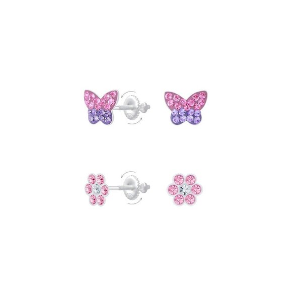Silver Butterfly and Flower Screw Back Earrings Set - Picture 1 of 1
